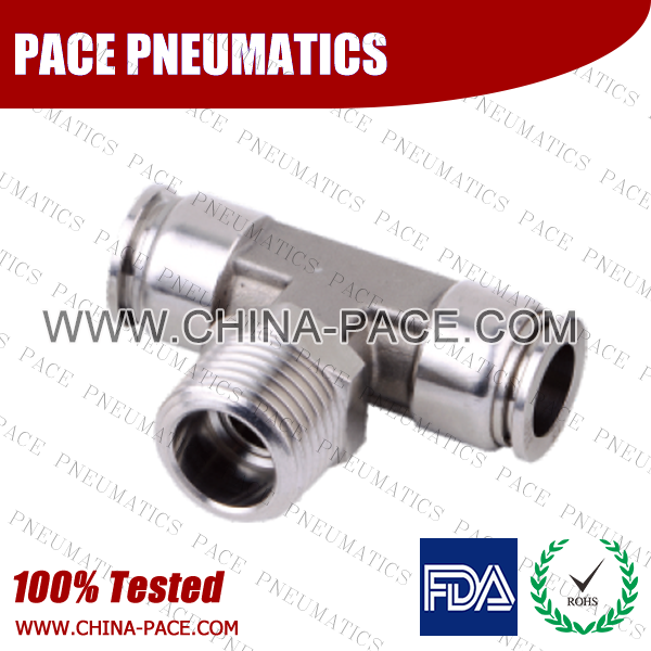 Male Branch Tee Stainless Steel Push-In Fittings, 316 stainless steel push to connect fittings, Air Fittings, one touch tube fittings, all metal push in fittings, Push to Connect Fittings, Pneumatic Fittings